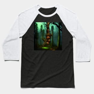 Magical Cottage Tree House with Lights in Forest with High Trees, Scenery Nature Baseball T-Shirt